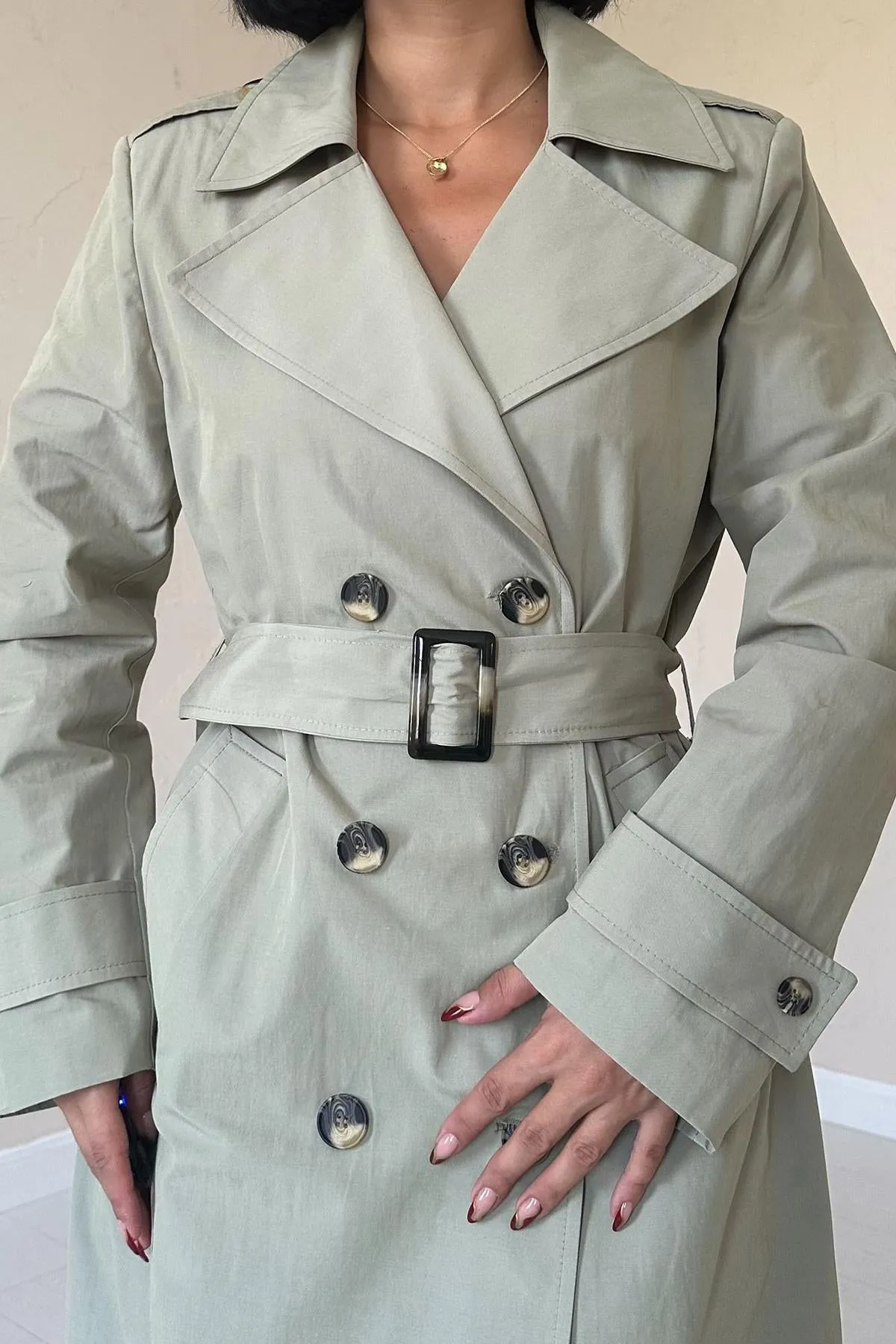 ELS Long Belted Trench Coat - Khaki - Ciudad Guzmán