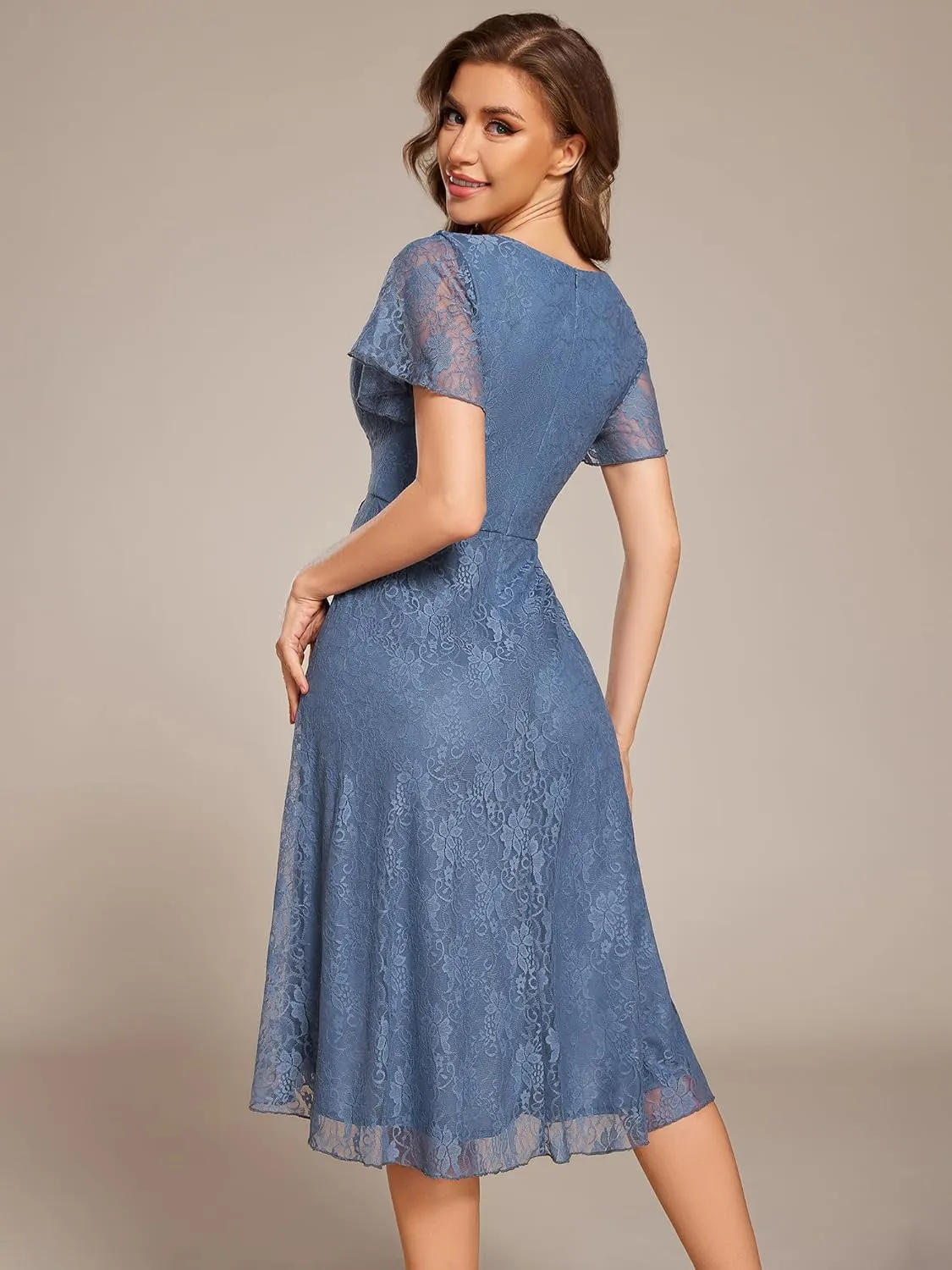 Ever-Pretty Women's V Neck Short Sleeves Lace A Line Hi-Lo Midi Semi Formal Dress 02489