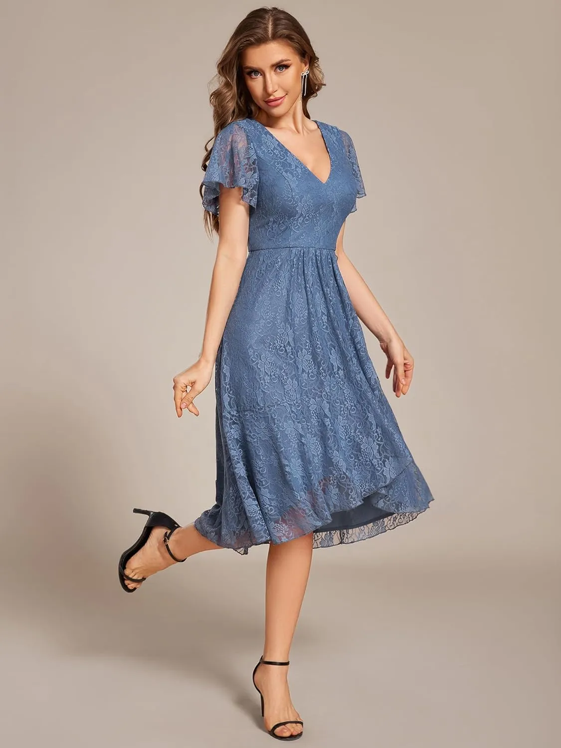 Ever-Pretty Women's V Neck Short Sleeves Lace A Line Hi-Lo Midi Semi Formal Dress 02489