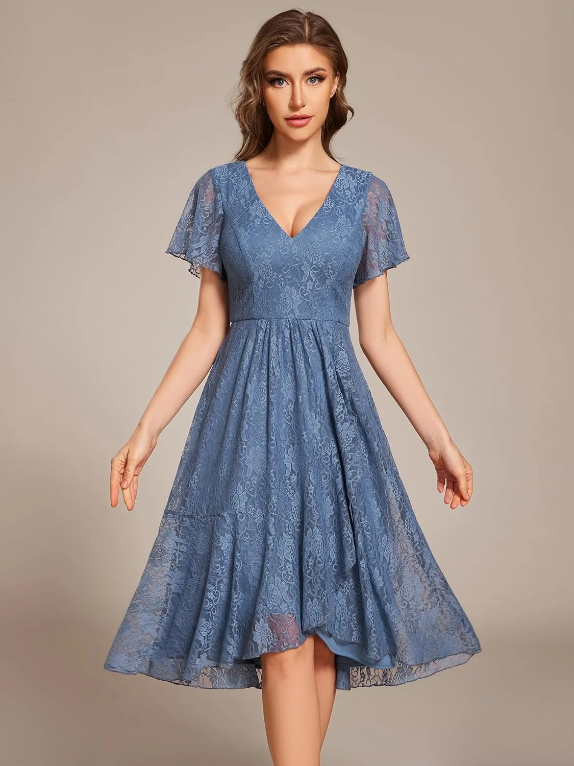 Ever-Pretty Women's V Neck Short Sleeves Lace A Line Hi-Lo Midi Semi Formal Dress 02489
