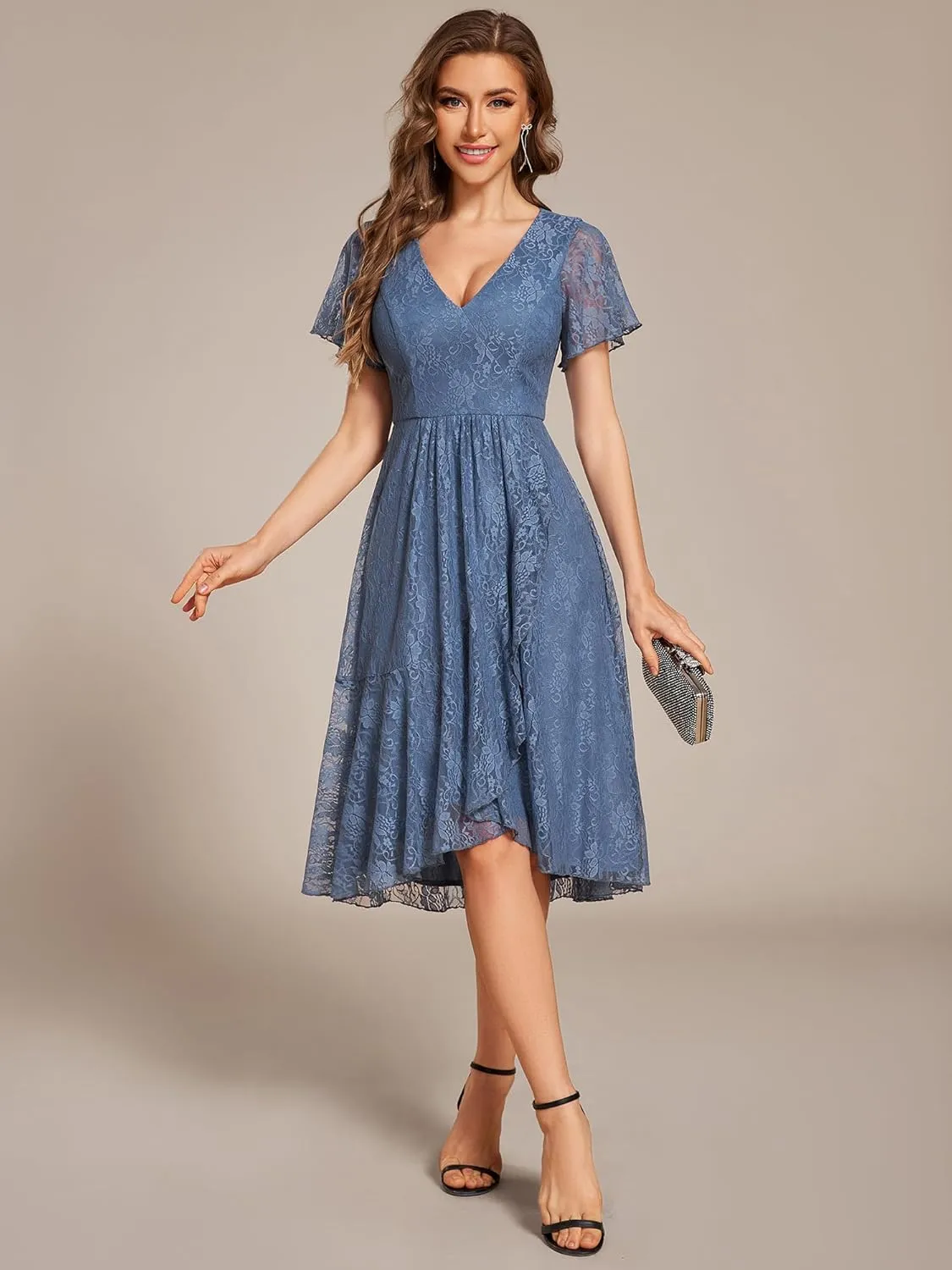 Ever-Pretty Women's V Neck Short Sleeves Lace A Line Hi-Lo Midi Semi Formal Dress 02489