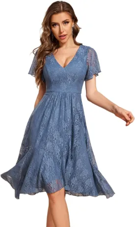 Ever-Pretty Women's V Neck Short Sleeves Lace A Line Hi-Lo Midi Semi Formal Dress 02489