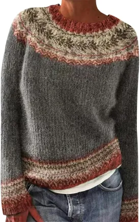 Fair Isle Sweater Women Colorful Knitted Vintage Long Sleeve Cashmere Sweater Crew Neck Lightweight Trendy Jumper Pullover