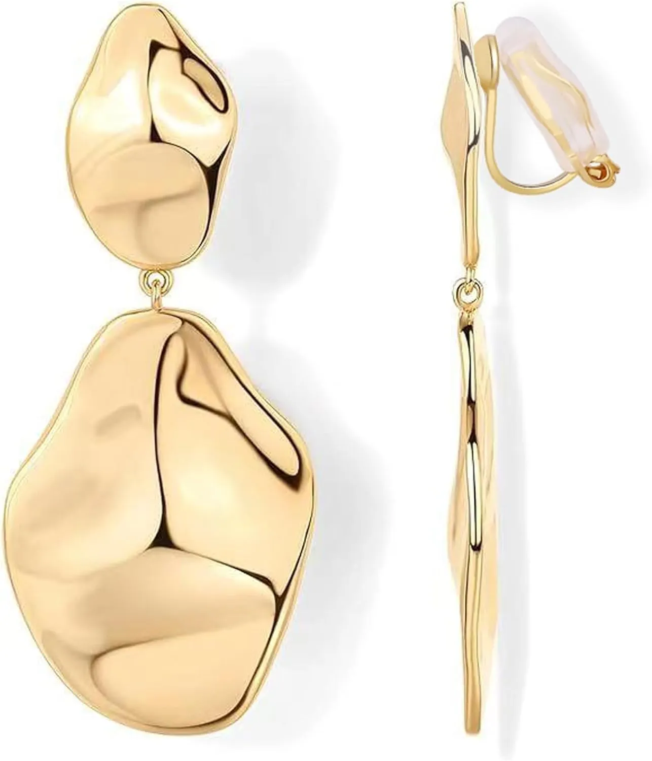 FAN&LOUIS Clip On Dangle Earrings Women,14K Gold Teardrop Statement Dangle Earrings Clips Lightweight Hammered Drop Dangle Clip-on Earrings for Women