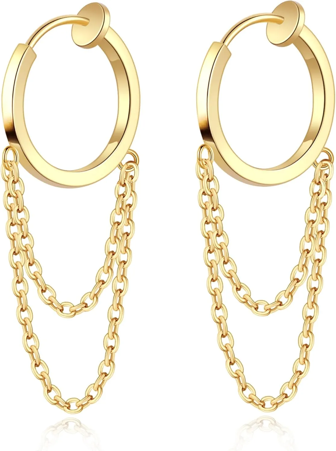 FAN&LOUIS Clip On Earrings Women,14K Gold Dangle Chain Drop Clip-On Earrings Small Hoop Huggie for Non-Pierced Ears Lightweight for Women Teen