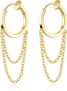 FAN&LOUIS Clip On Earrings Women,14K Gold Dangle Chain Drop Clip-On Earrings Small Hoop Huggie for Non-Pierced Ears Lightweight for Women Teen
