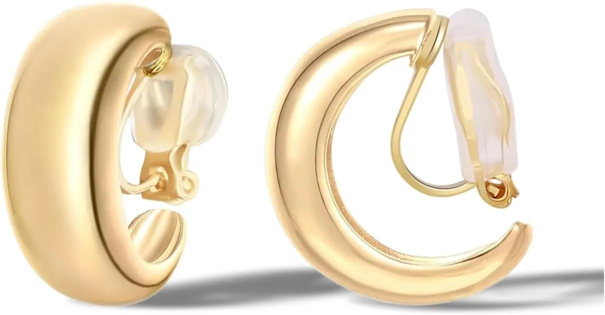 FAN&LOUIS Gold Clip On Hoop Earrings,14K Gold Plated Chunky Gold Small Huggie Hoops Clip-On Earrings for WomenSmall Wide Round Hoop Clip On Earrings