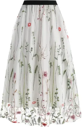 Floral Embroidered Women's Skirts - Vintage Tulle Wedding & Prom A-Line Flower Skirts with Elastic Waist
