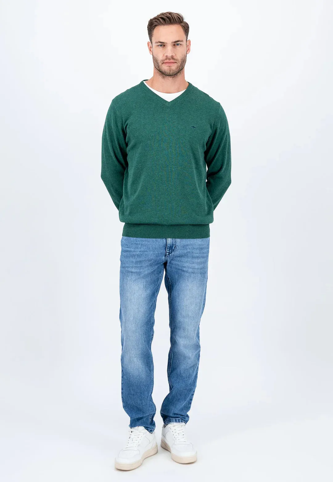 Fynch Hatton Super Fine Cotton V - Neck Dark Emerald