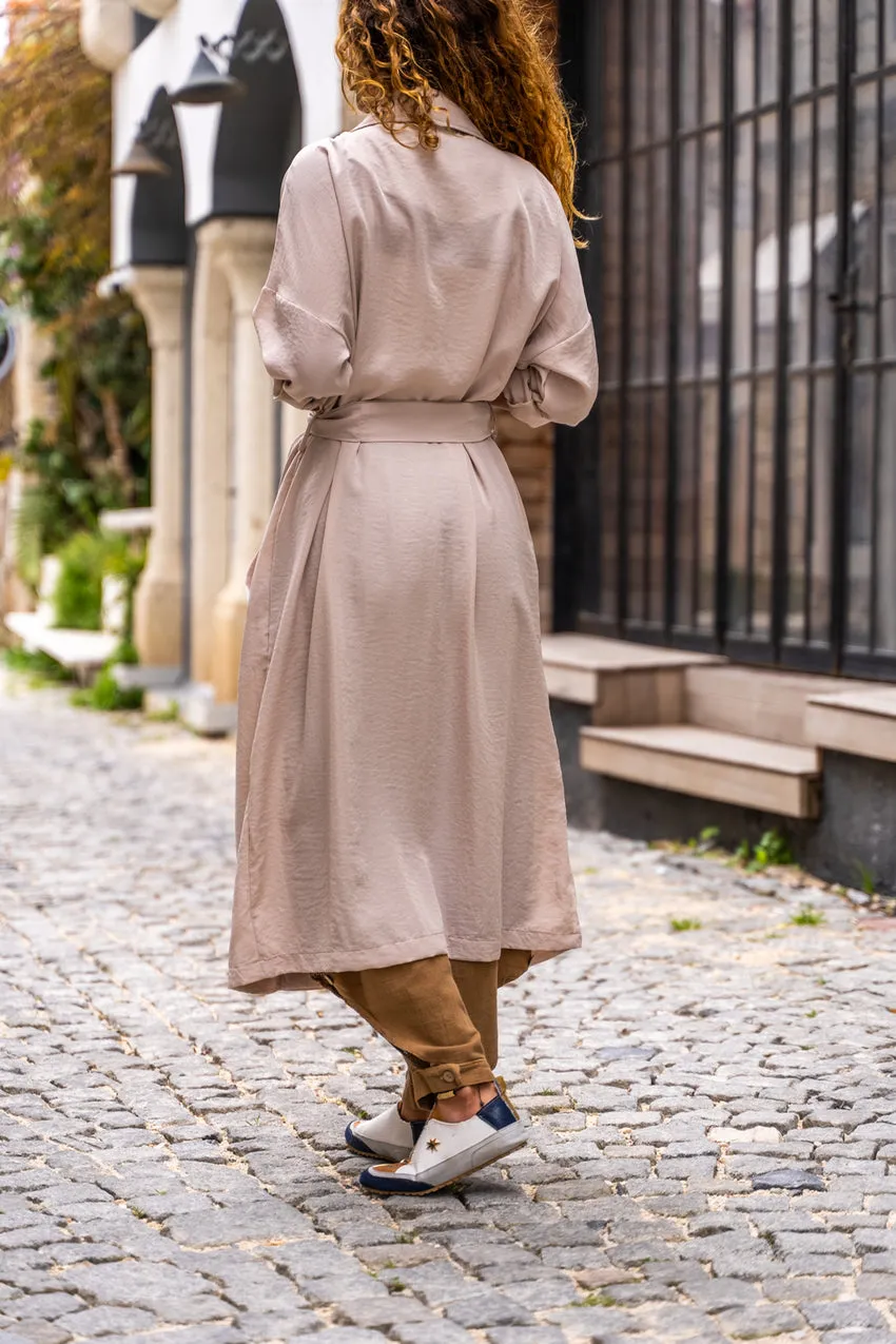 GNS Women's Stone Jacket Collar Buttoned Pocketed Belted Loose Thin Trench Coat Bst3335 - Altamira