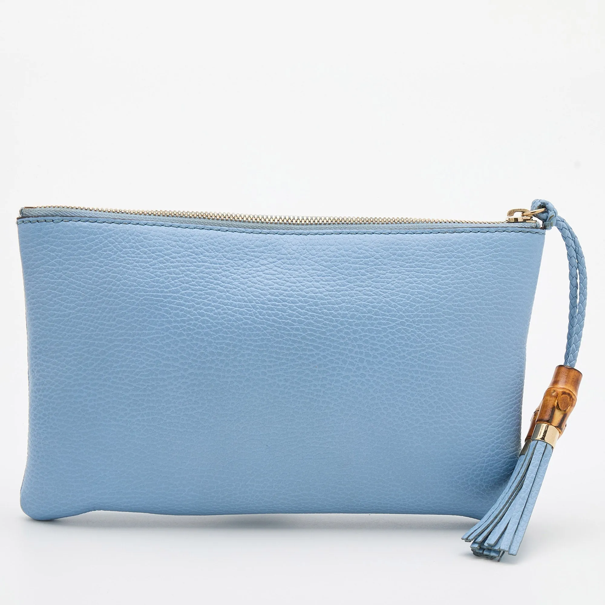 GUCCI Light Blue Leather Bamboo Tassel Clutch