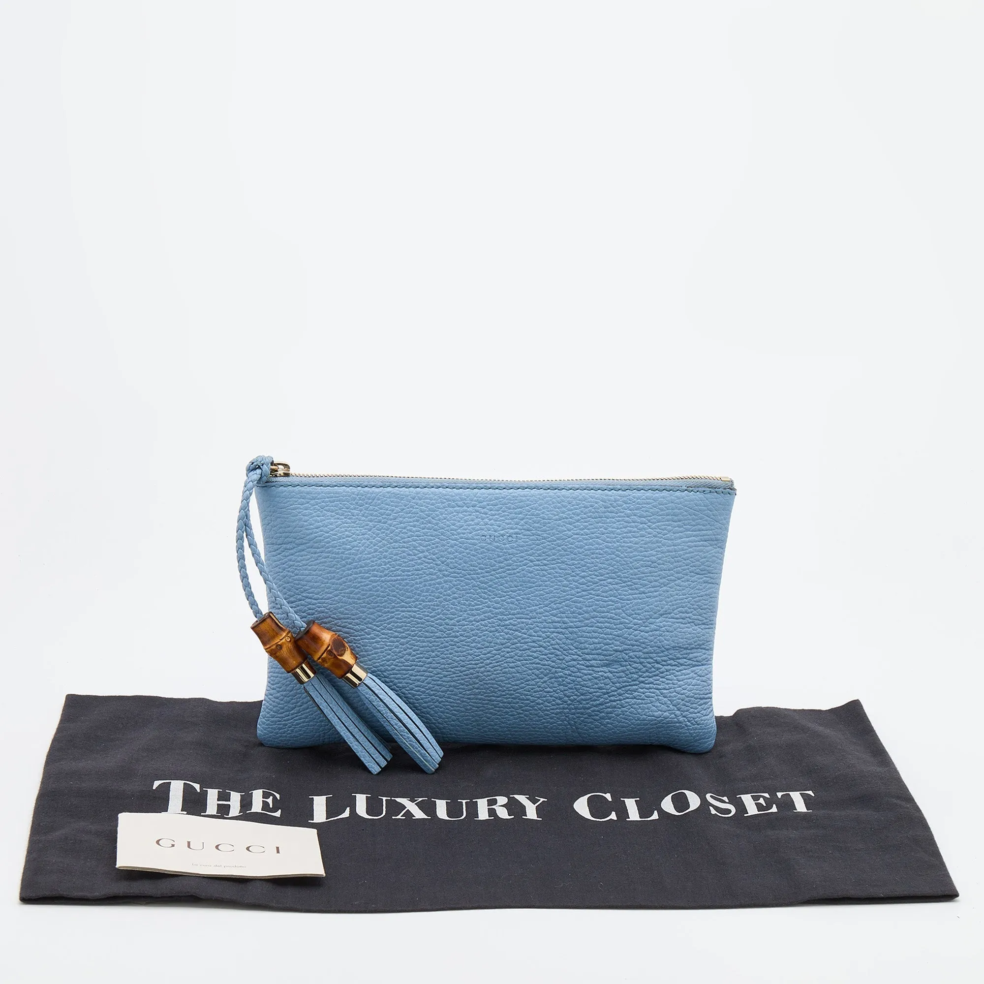GUCCI Light Blue Leather Bamboo Tassel Clutch