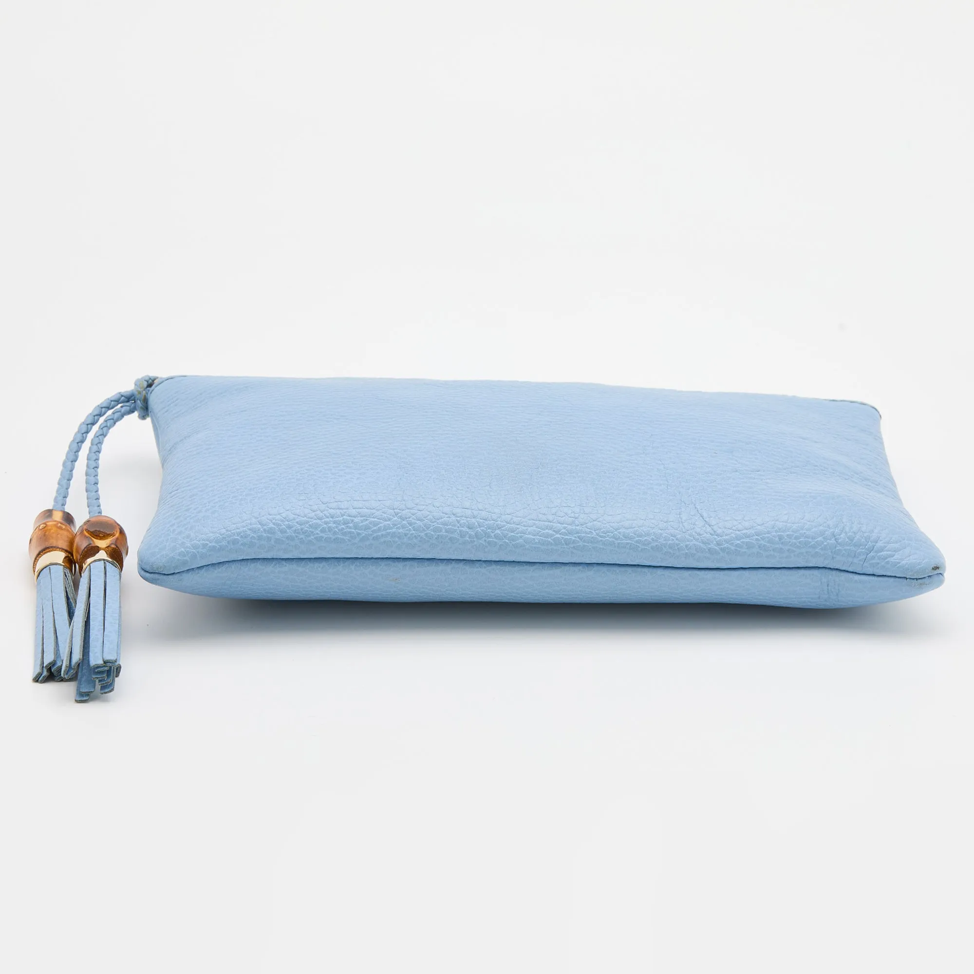 GUCCI Light Blue Leather Bamboo Tassel Clutch