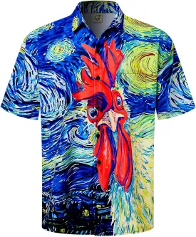 Hardaddy Men's Gongfu Rooster Chest Pocket Printed Short Sleeve Button Down Summer Casual Shirt