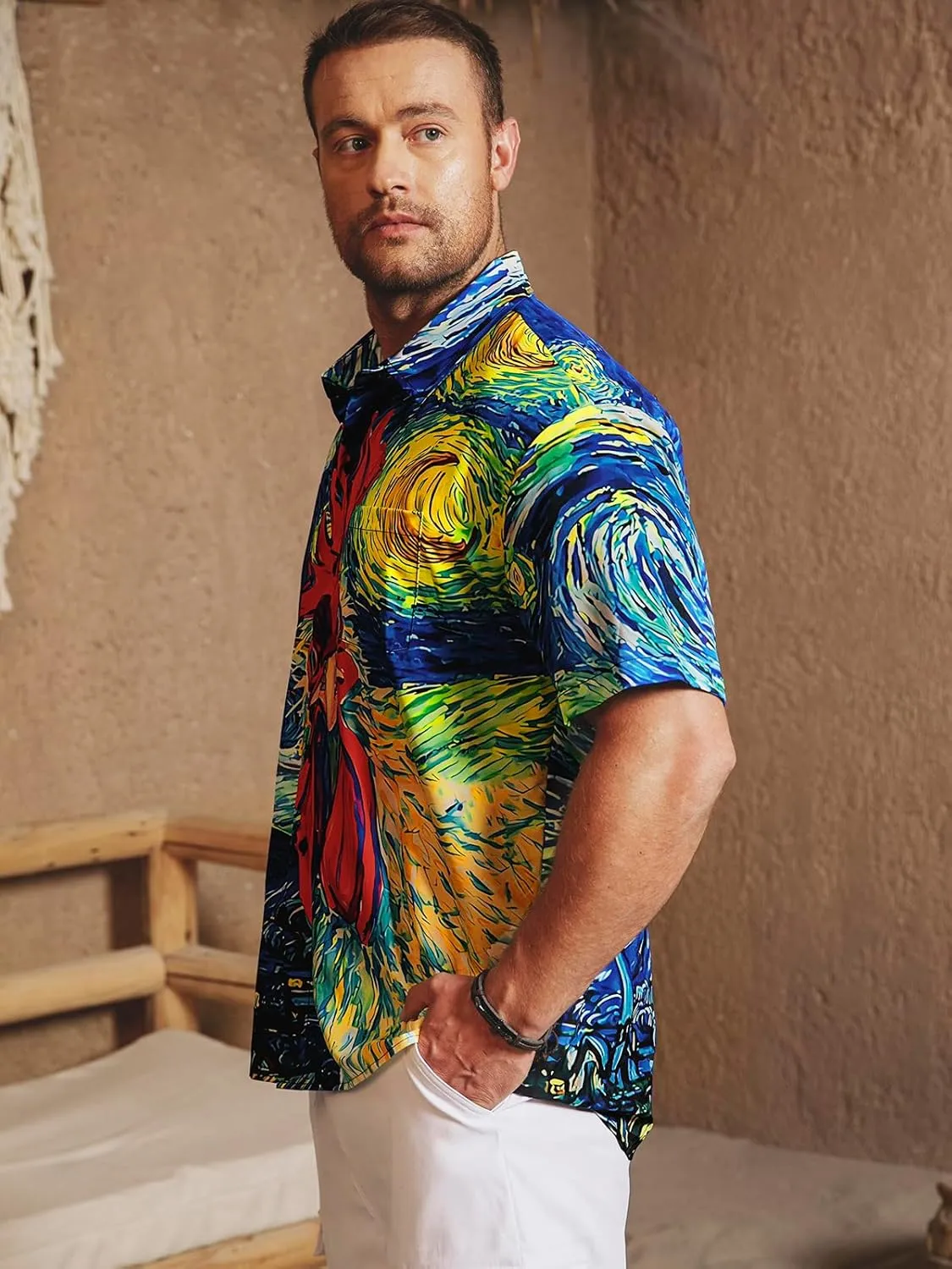 Hardaddy Men's Gongfu Rooster Chest Pocket Printed Short Sleeve Button Down Summer Casual Shirt