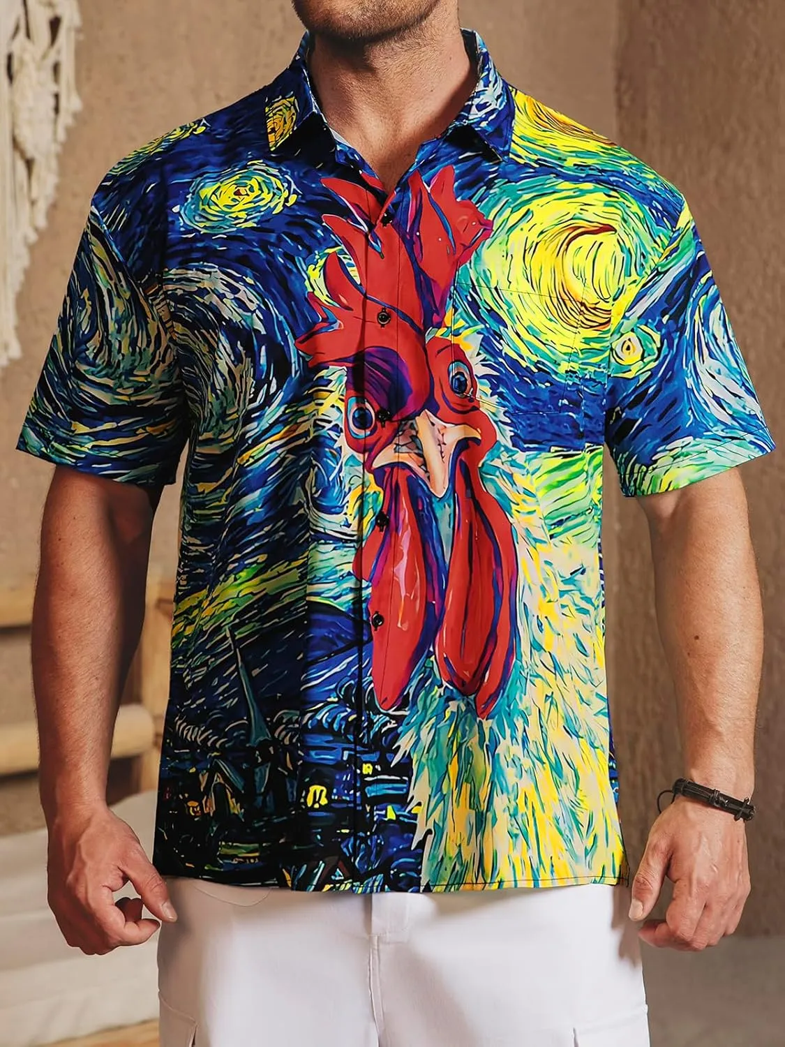 Hardaddy Men's Gongfu Rooster Chest Pocket Printed Short Sleeve Button Down Summer Casual Shirt