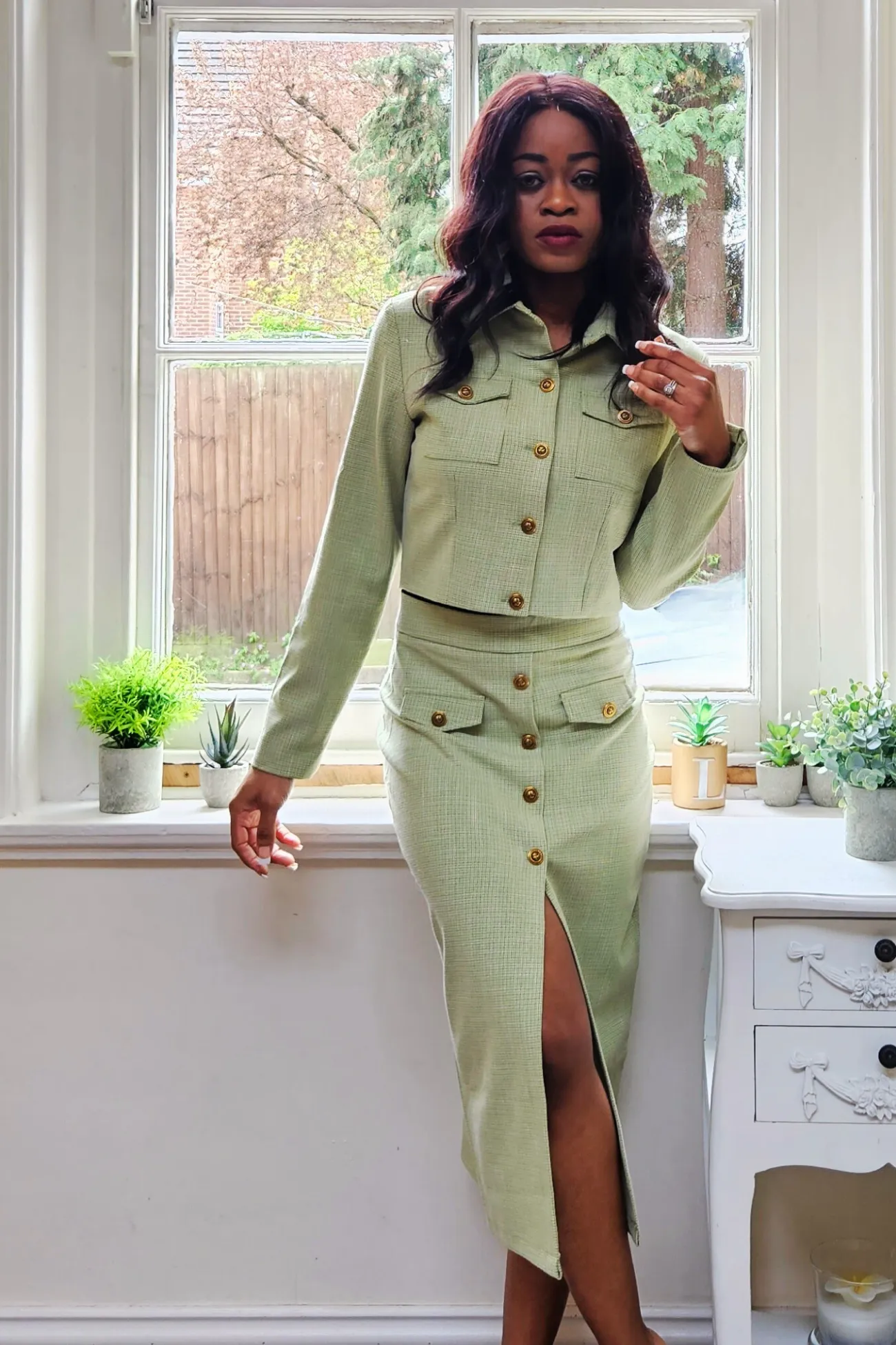 Houndstooth Long Pencil Skirt (Avenue Jade Collection)