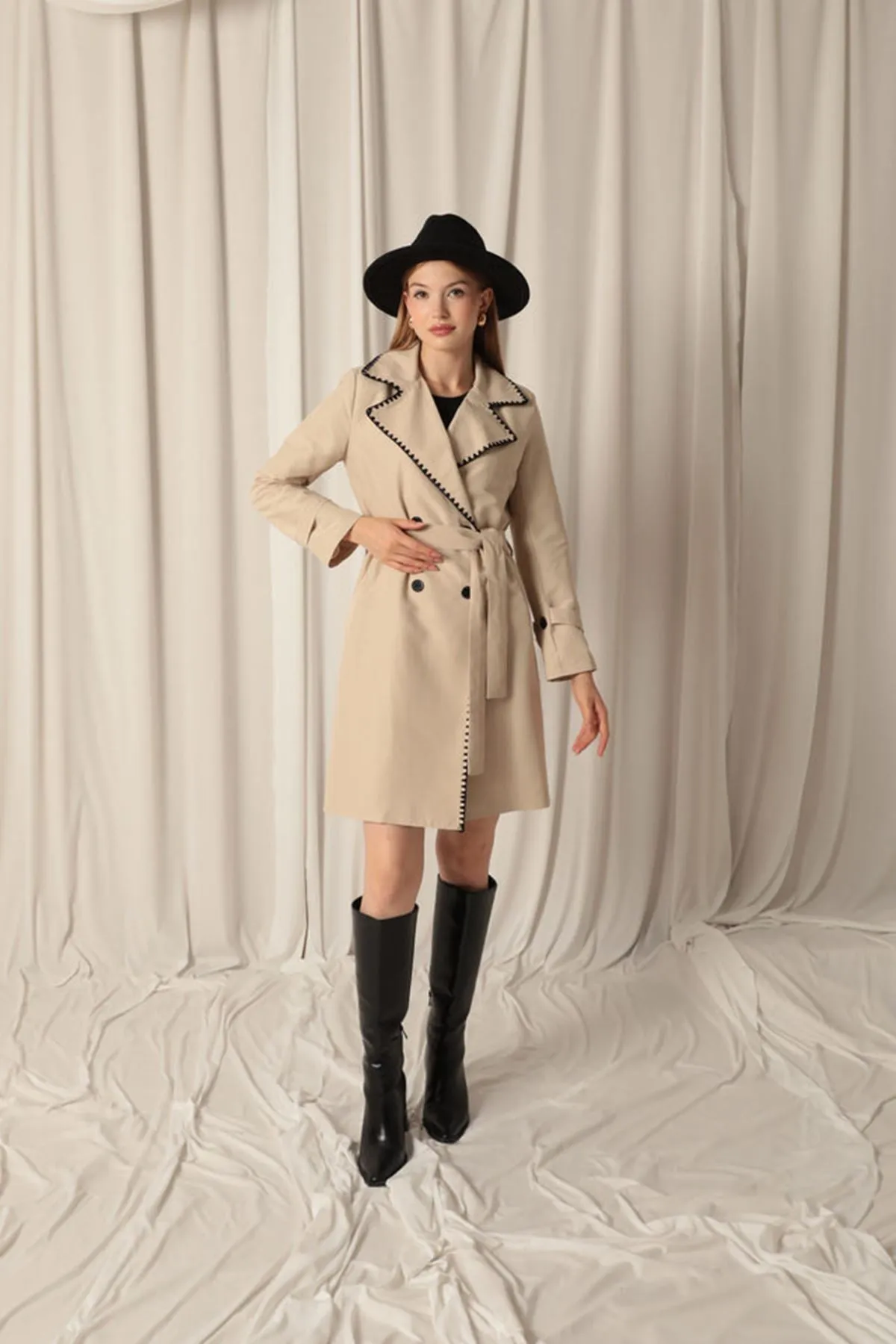 KKT Torino Fabric Cardigan Stitched Women's Stone Trench Coat - East Los Angeles