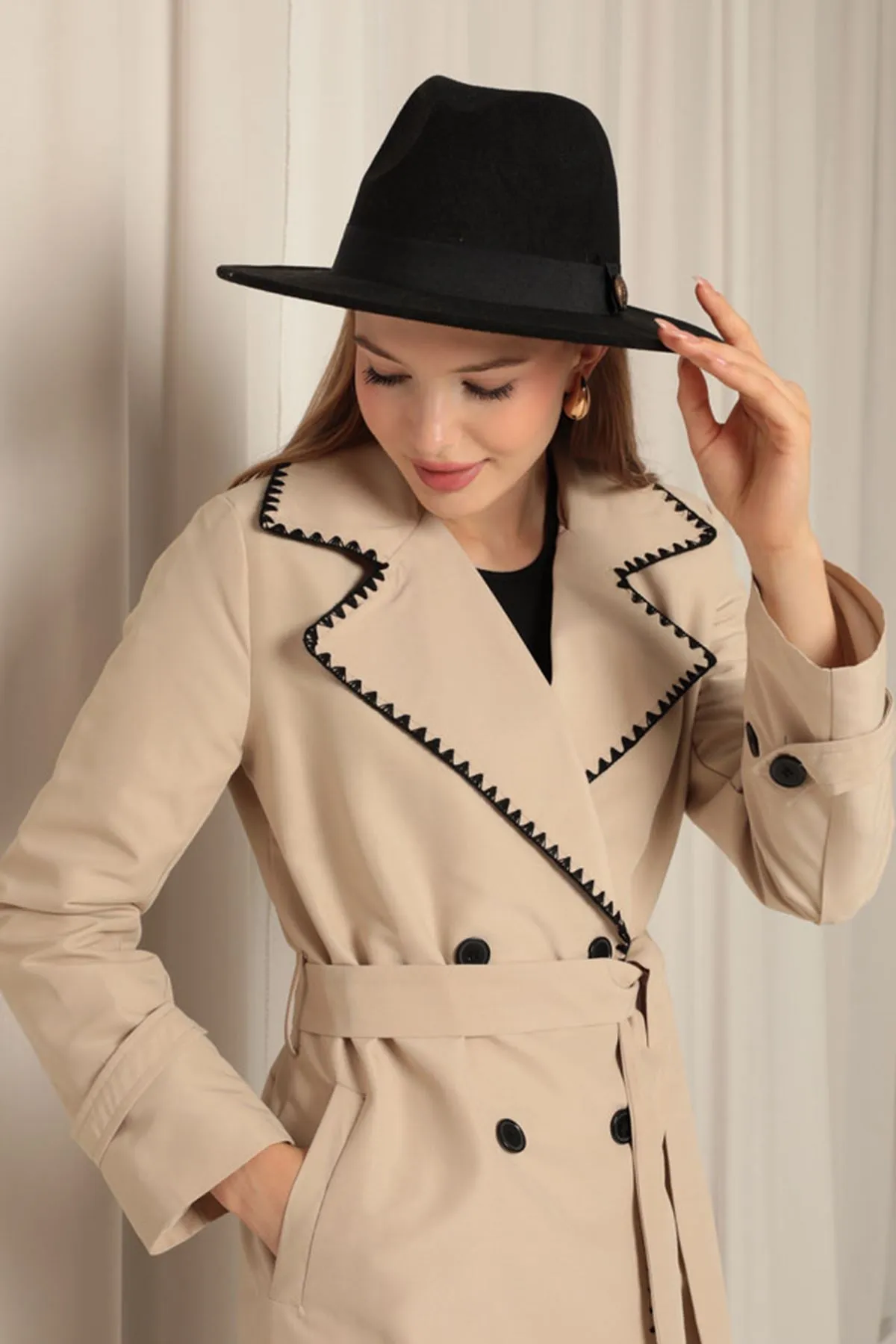 KKT Torino Fabric Cardigan Stitched Women's Stone Trench Coat - East Los Angeles