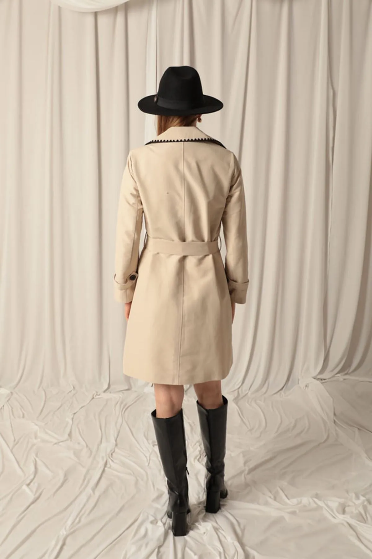 KKT Torino Fabric Cardigan Stitched Women's Stone Trench Coat - East Los Angeles