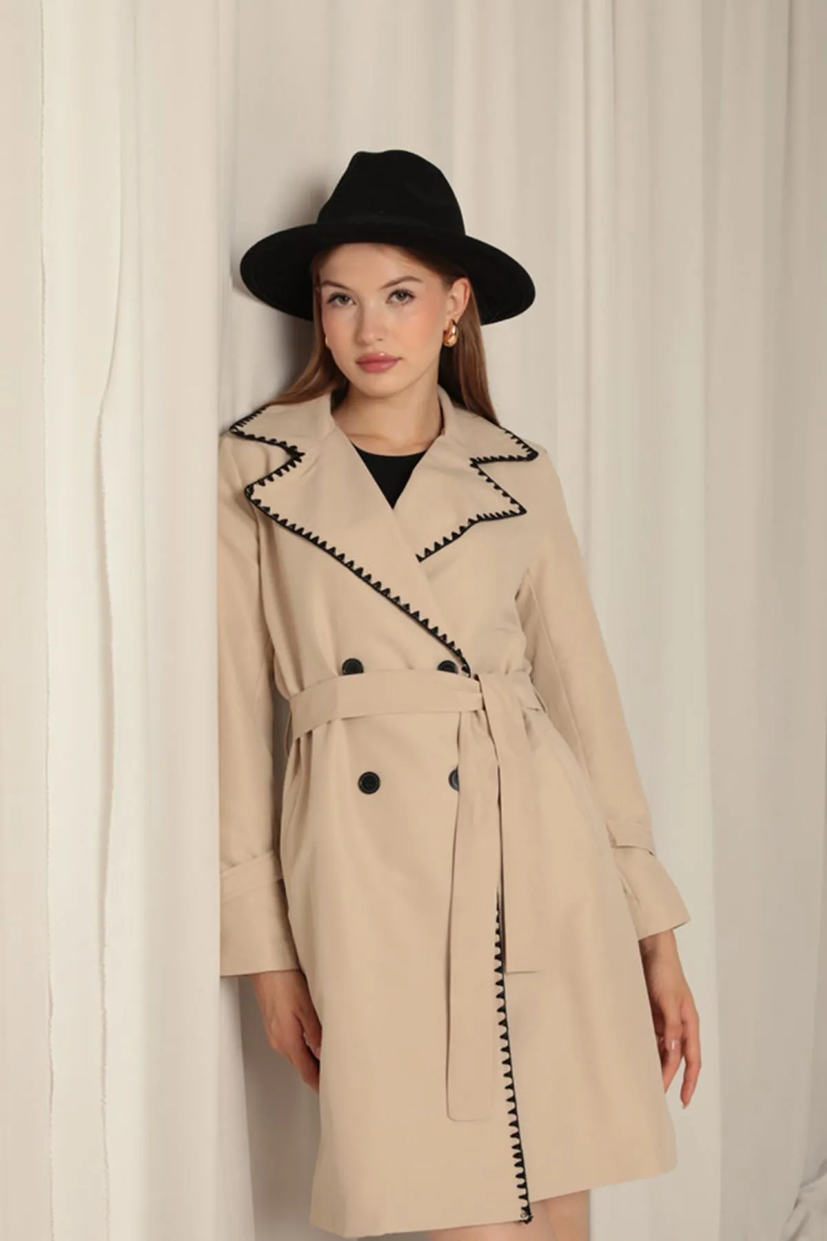 KKT Torino Fabric Cardigan Stitched Women's Stone Trench Coat - East Los Angeles
