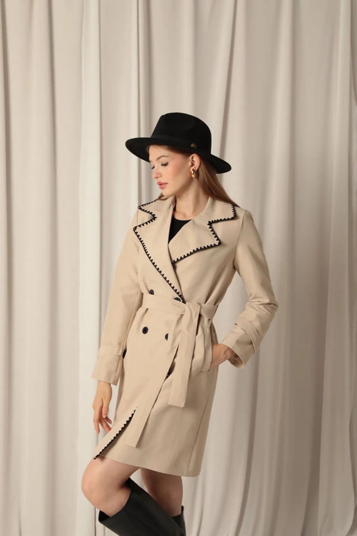KKT Torino Fabric Cardigan Stitched Women's Stone Trench Coat - East Los Angeles