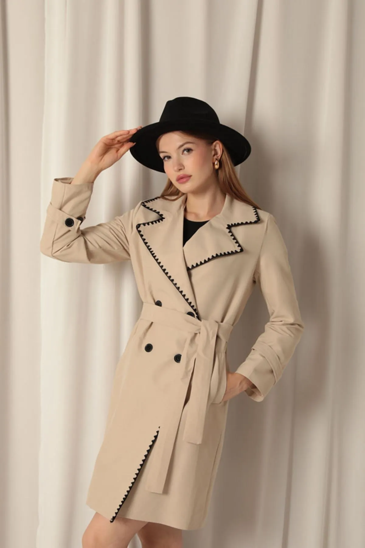 KKT Torino Fabric Cardigan Stitched Women's Stone Trench Coat - East Los Angeles