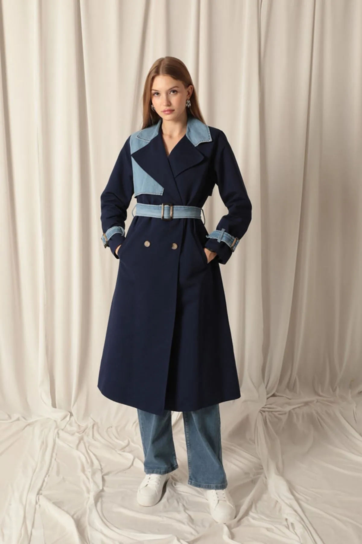 KKT Torino Fabric Women's Navy Blue Trench Coat - Taylor