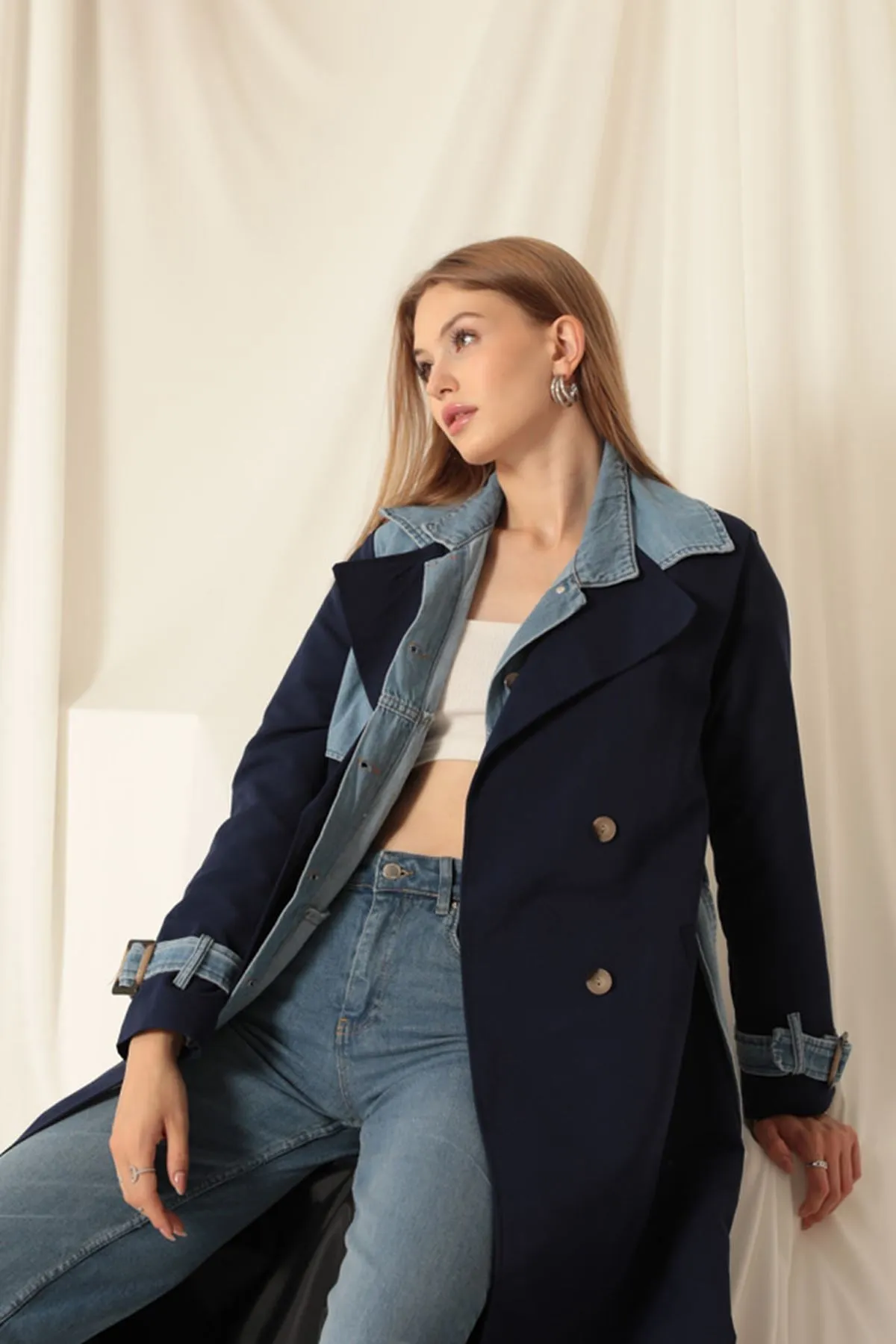 KKT Torino Fabric Women's Navy Blue Trench Coat - Taylor