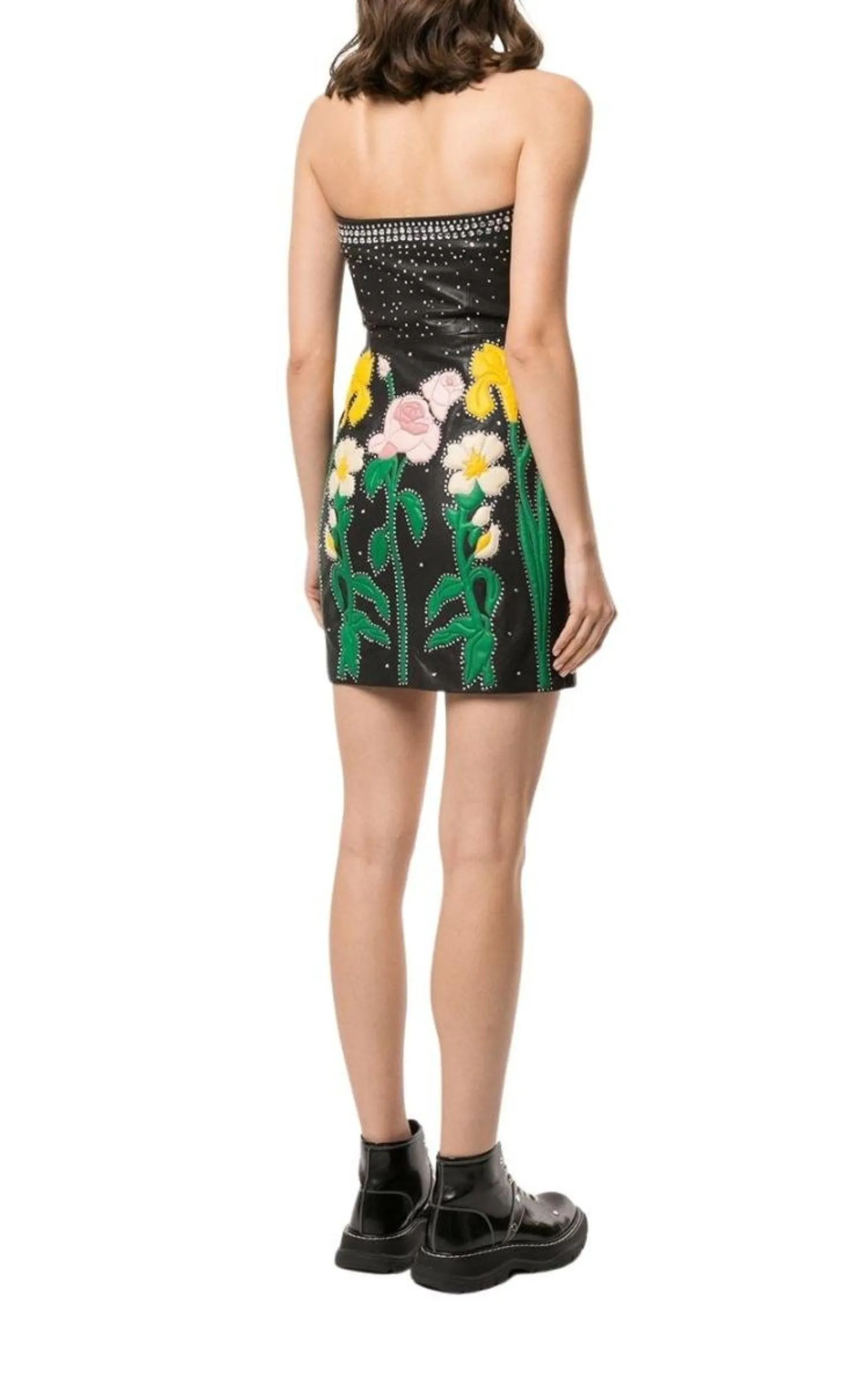Leather Flower Intarsia Strapless Dress