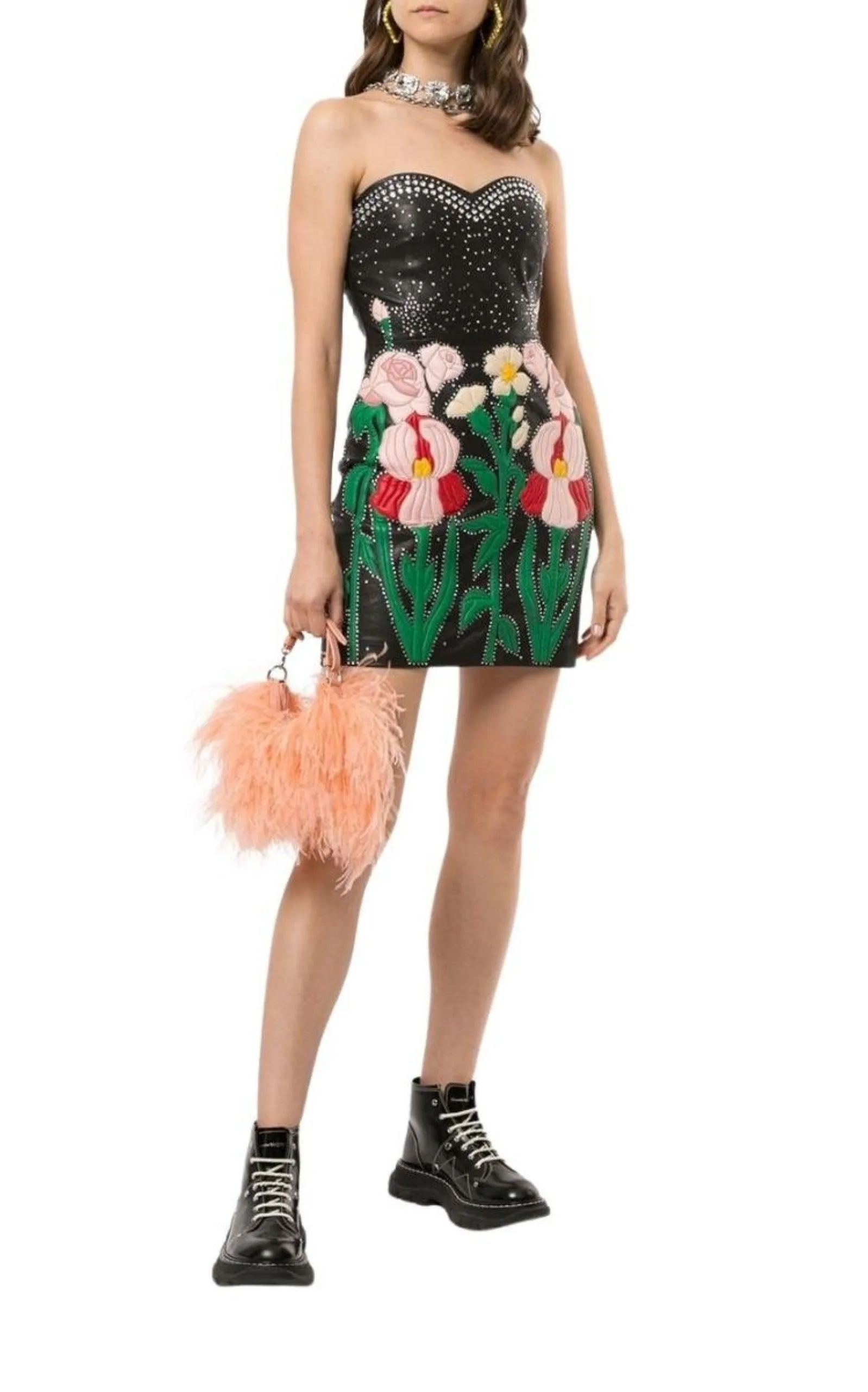 Leather Flower Intarsia Strapless Dress