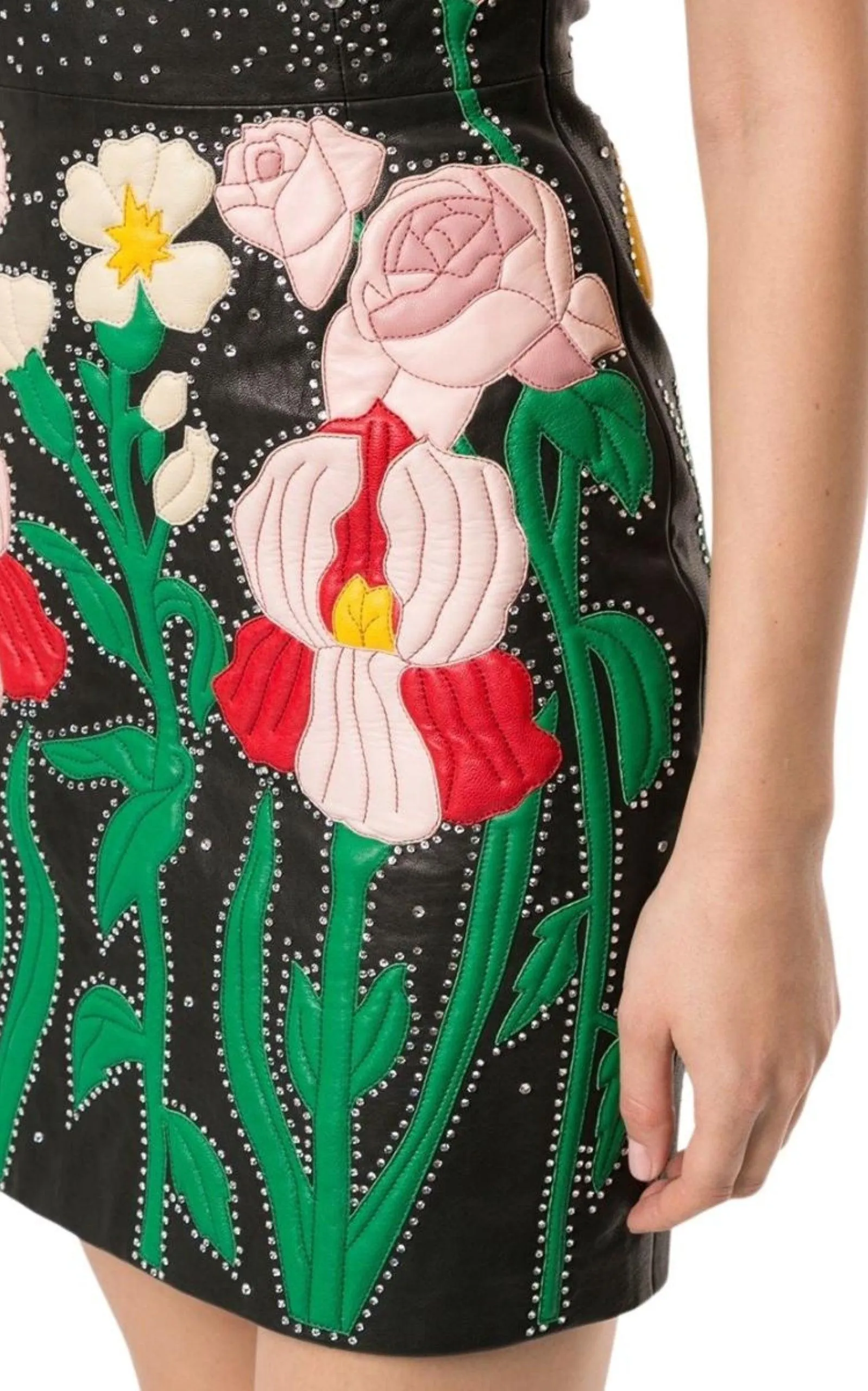 Leather Flower Intarsia Strapless Dress
