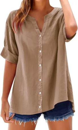 Linen Shirts for Women Womens Tops 3/4 Sleeve Button Down Shirts V Neck Solid Casual Tunic Blouses with Pocket