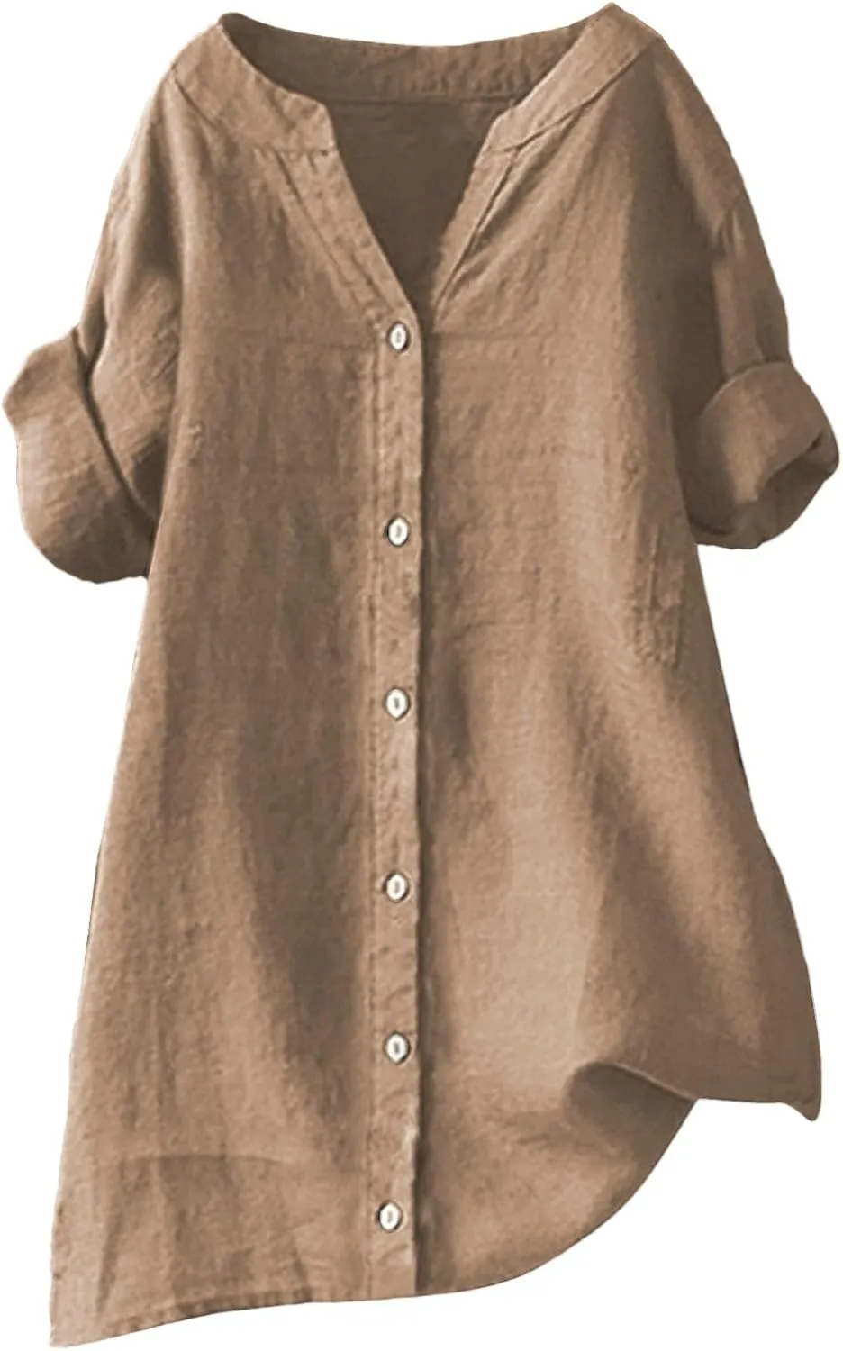 Linen Shirts for Women Womens Tops 3/4 Sleeve Button Down Shirts V Neck Solid Casual Tunic Blouses with Pocket