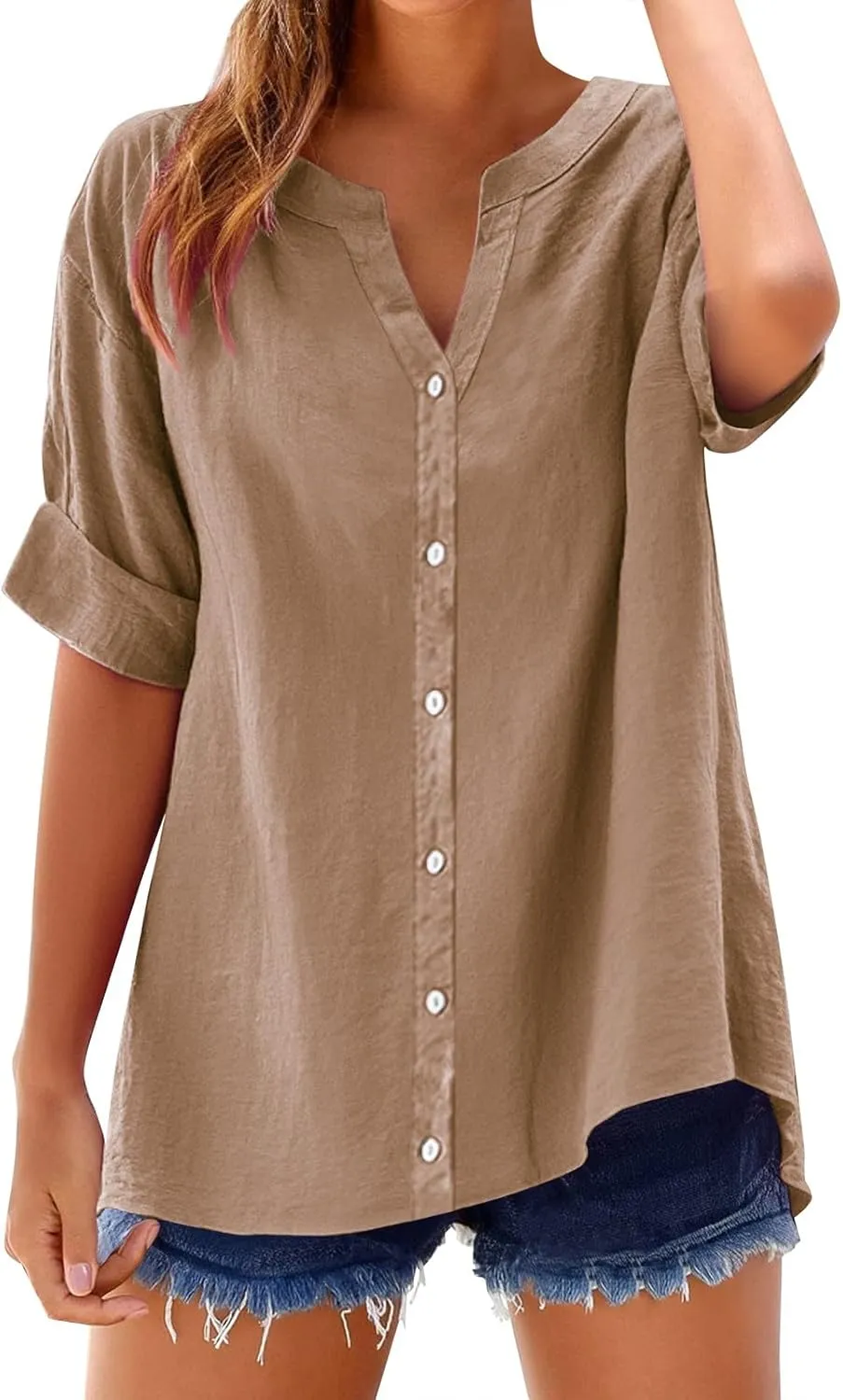 Linen Shirts for Women Womens Tops 3/4 Sleeve Button Down Shirts V Neck Solid Casual Tunic Blouses with Pocket