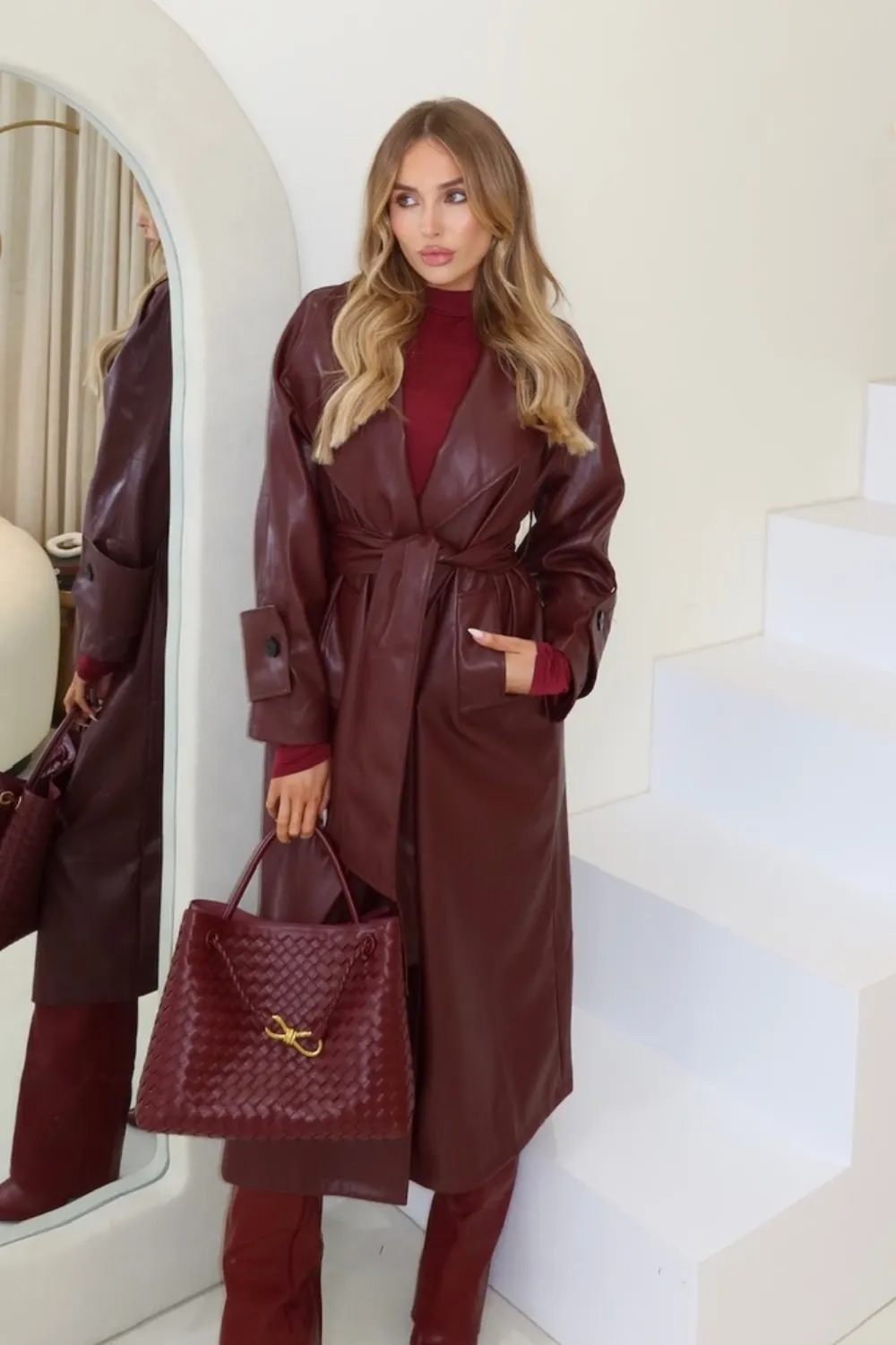 Lisa burgundy faux leather trench coat