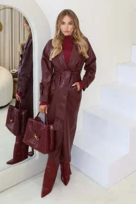 Lisa burgundy faux leather trench coat