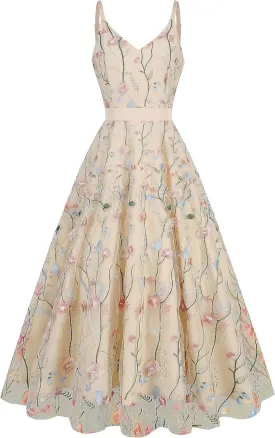 Long Floral Embroidery Dress for Women Flower Embroidered Maxi Dress Spaghetti Straps Formal Evening Party Tulle Prom Dress