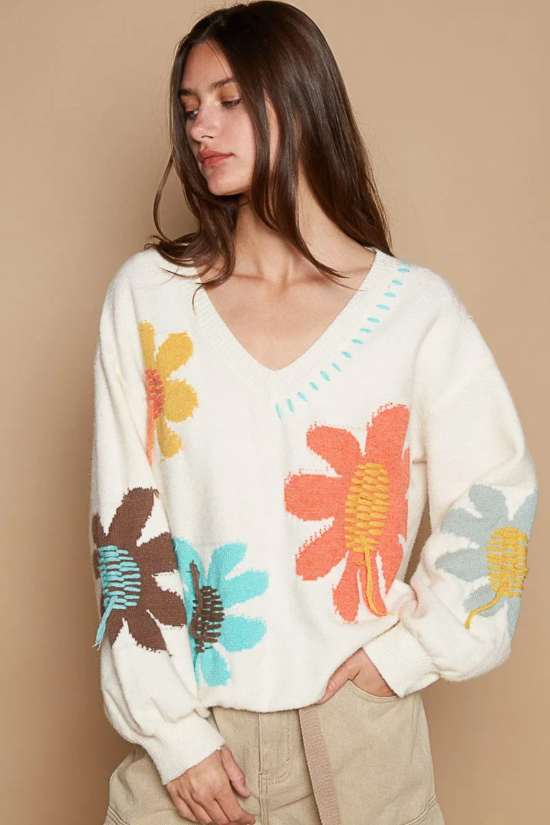 Long Sleeve Flower Fringe Sweater