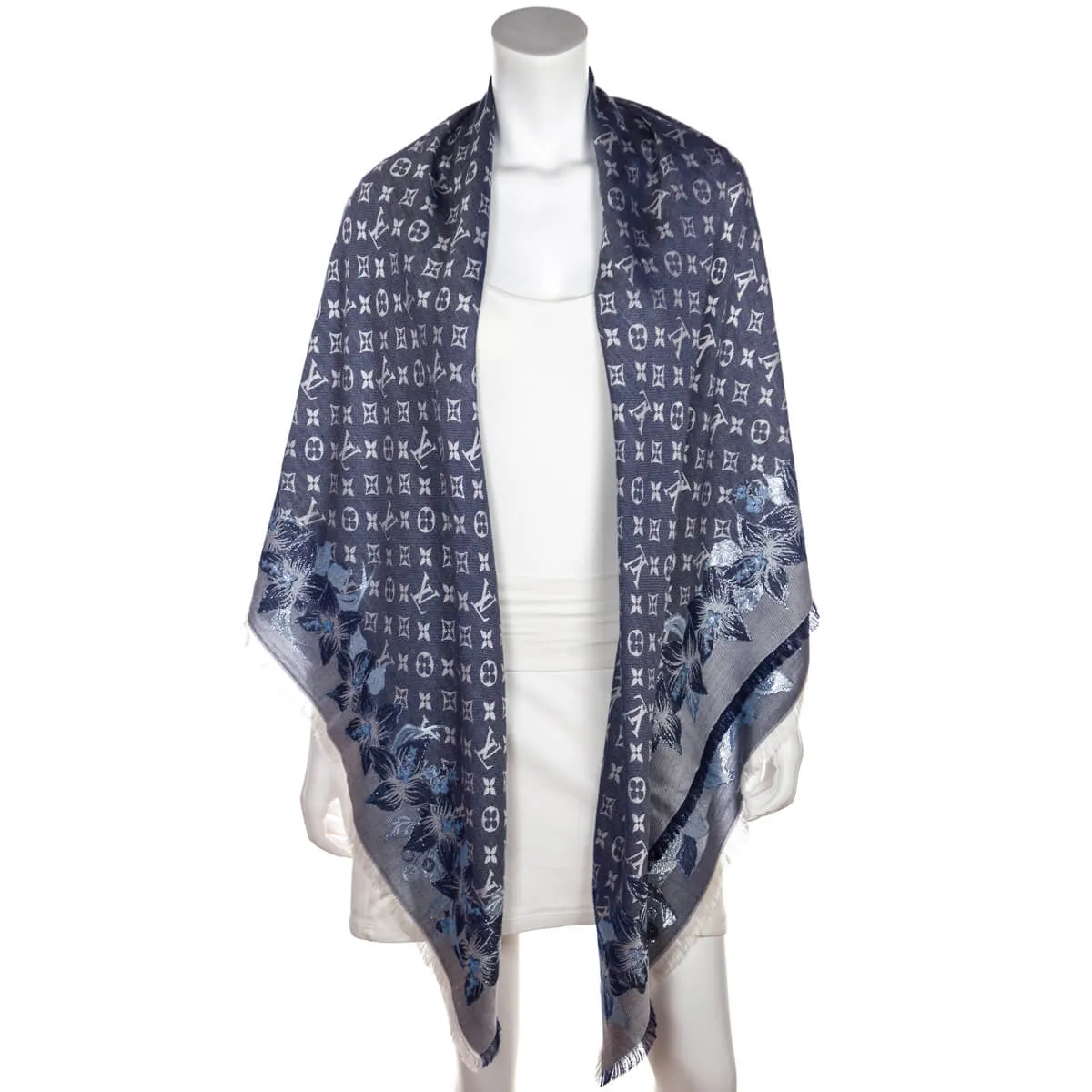 Louis Vuitton Navy Lurex Monogram Shine Flower Embellished Shawl