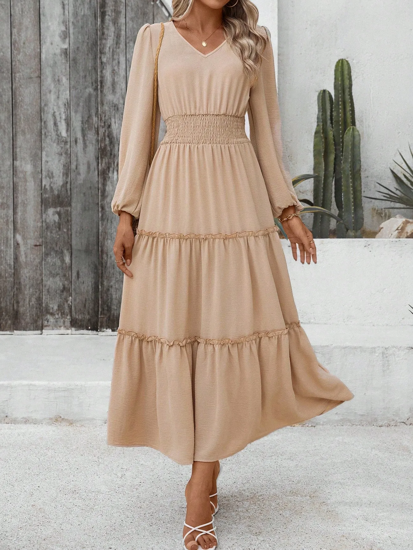 LUNE Solid Ruffle Hem A-line Dress