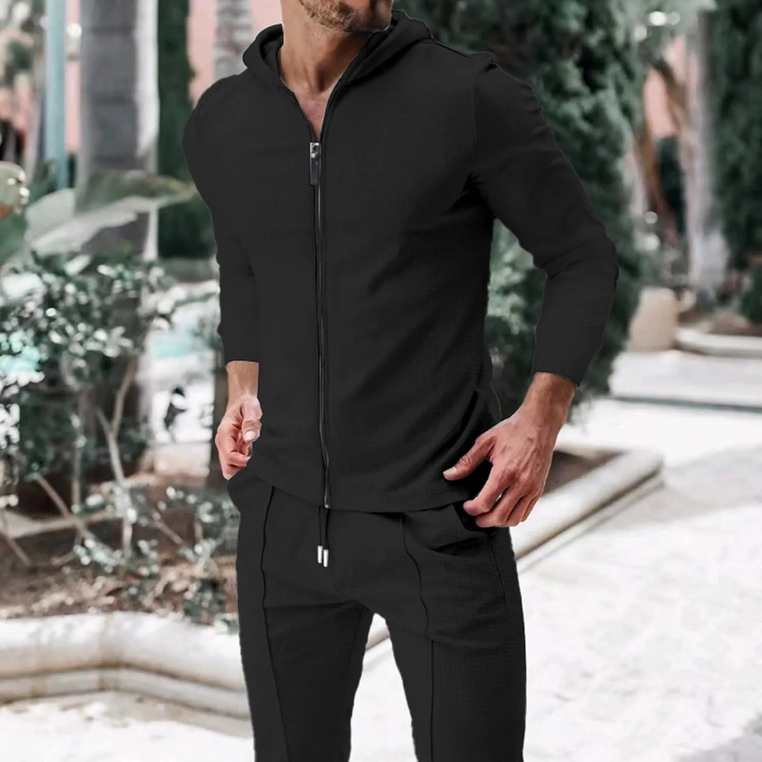 Men's 2 Piece Tracksuit Polo Athletic Sweatsuit Cardigan Solid Color Long Sleeve Men's Track Suits 2 Piece Set