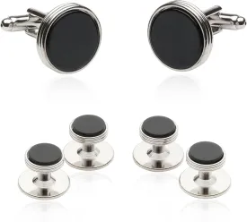 Mens Black Tuxedo Cufflinks and Studs Formal Set in Onyx and Silver with Travel Presentation Gift Box Men Cufflinks for Wedding Groomsmen Jewelry - Cufflinks and Studs Men Tuxedo