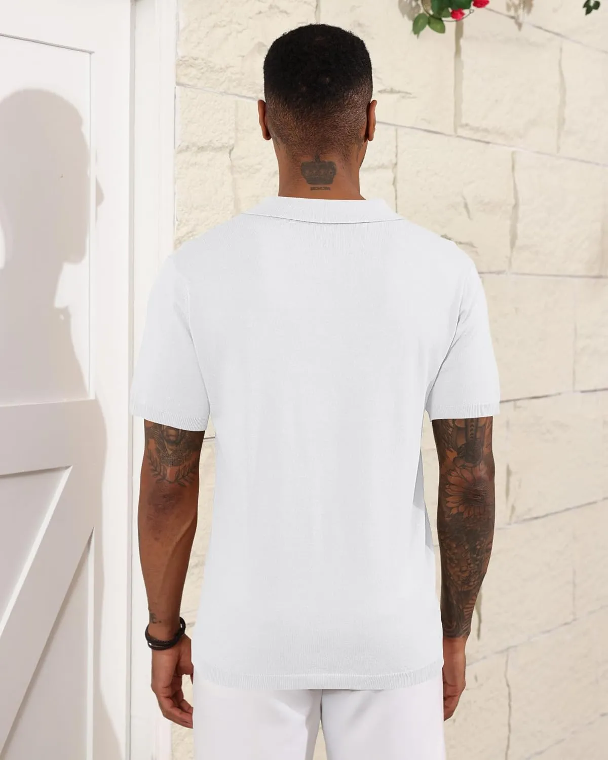 Mens Knit Polo Shirts Casual Short Sleeve Classic Basic Button Down Golf Shirts