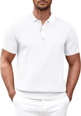 Mens Knit Polo Shirts Casual Short Sleeve Classic Basic Button Down Golf Shirts