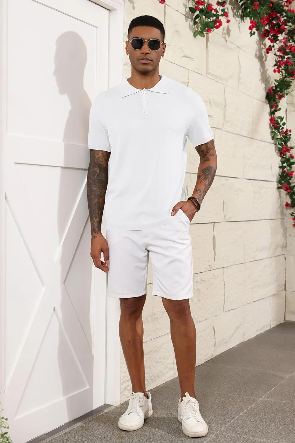 Mens Knit Polo Shirts Casual Short Sleeve Classic Basic Button Down Golf Shirts