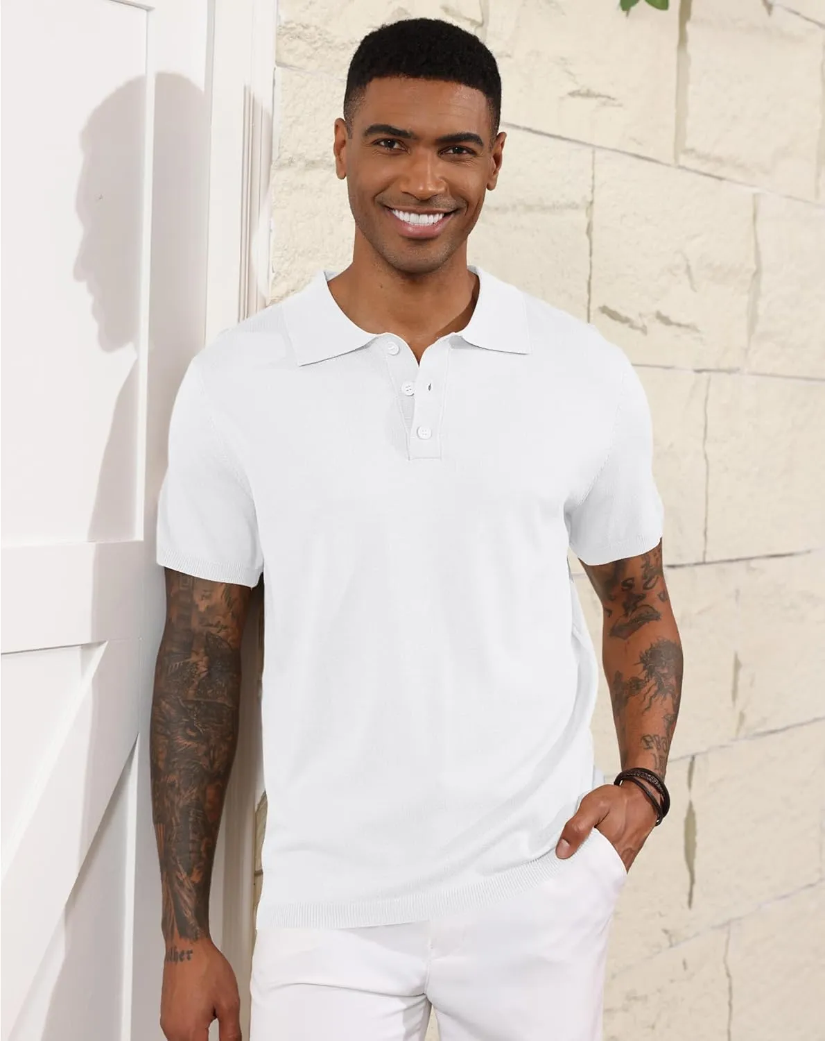 Mens Knit Polo Shirts Casual Short Sleeve Classic Basic Button Down Golf Shirts