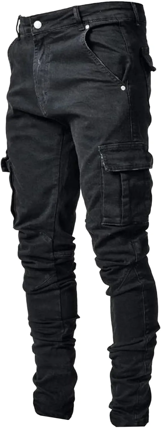 Men's Ripped Jeans Black Skinny Distressed Moto Biker Jeans Gothic Zipper Denim Pants Tapered Leg Slim Fit Jean