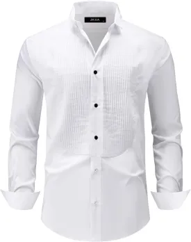 Men's Solid Tuxedo Dress Shirts Wing Collar French Cuff Pleated Long Sleeve Button Down Shirts for Prom Party Wedding