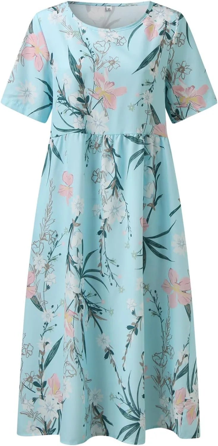 Midi Dresses for Women 2024 Summer Casual Short Sleeve T Shirts Dress Boho Beach Vacation Floral Print Cute Sundress